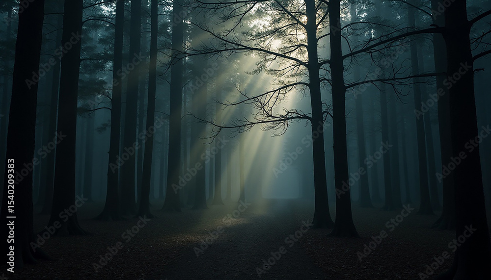 Obraz premium Sunbeams pierce a misty, dark forest, illuminating a path between tall trees.