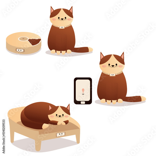 Vector illustration of a cat with smart gadgets for a pet