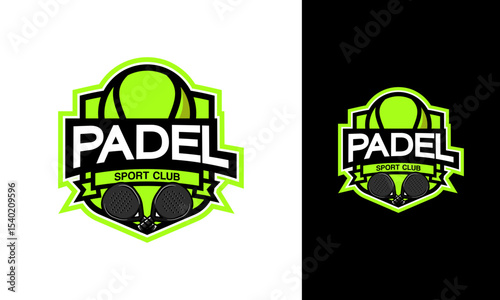 Modern padel sport club logo. Emblem symbol with shield, ball, and racket concept for padel team