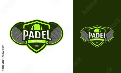 Padel emblem logo design. Shield, racket, and ball concept for padel sport club or tournament. Modern and strong symbol template
