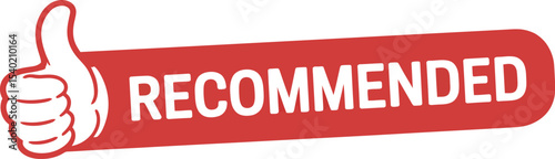 A thumbs up icon with a red banner displaying the word recommended on a beige colored background