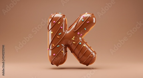 Chocolate Letter K with Sprinkles, Glazed Donut Font, 3D Rendering, Alphabetical Design, Food Art
