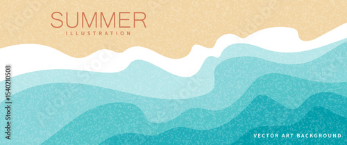 Abstract summer horizontal vector background with blue sea waves, beach sand and vector texture for cover, flyer, poster, banner, social media, ads. Vacation travel illustration. Promo ads template.