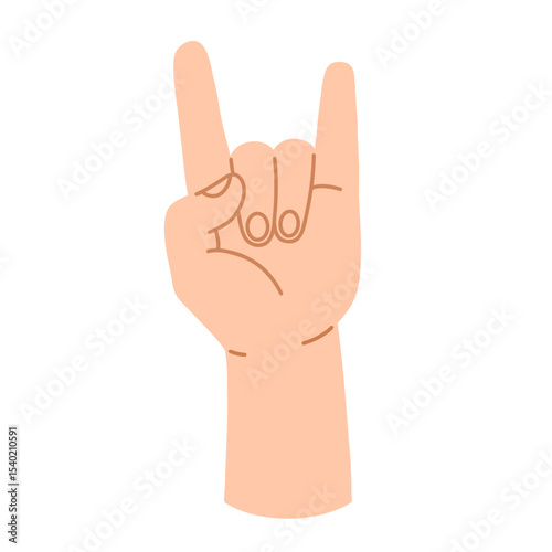 Sign of the horns is a hand gesture in a cartoon flat style isolated on a white background. Vector illustration.