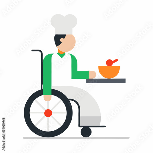Flat vector character of a male chef in wheelchair cooking in kitchen, diverse inclusive design, vector art, white background