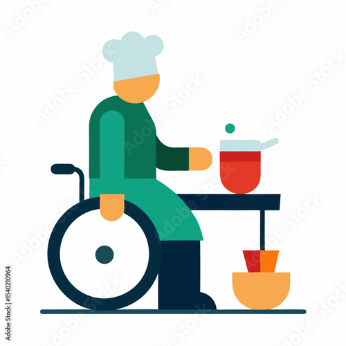 Flat vector character of a male chef in wheelchair cooking in kitchen, diverse inclusive design, vector art, white background