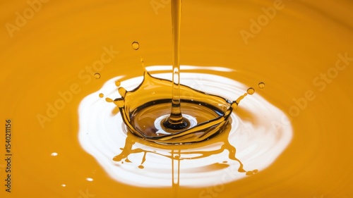 Warm amber oil drips into a shallow basin, causing tiny droplets to splash and form ripples. The atmosphere suggests an ongoing culinary activity in a well-lit kitchen