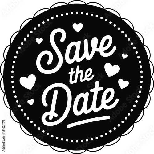 Save the date badge with hearts on a pink background for wedding invitation and special occasion cards