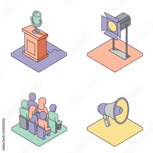 PastelPix Isometric Icons – Public Speaking (4-Icon Set)