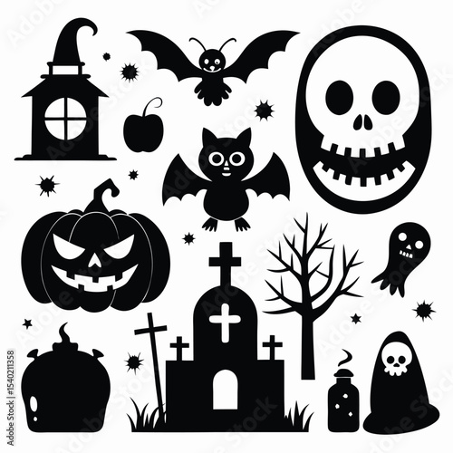 Set of Black Halloween Design Elements for Transparent PNGs