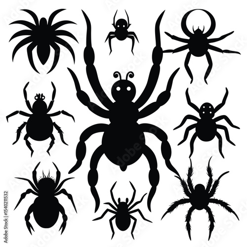 Set of Black Silhouette Spiders Vector Illustration for Halloween and Design