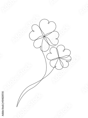 Minimal continuous one line drawing of two four-leaf clovers, symbolizing good luck and positive energy in a clean and simple style. Vector Editable stroke