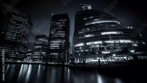 Black and white urban skyline at night with water reflections