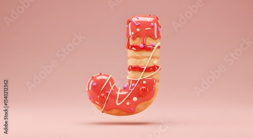 Letter J Donut with Pink Glaze, Sprinkles, and Cream Filling - 3D Render
