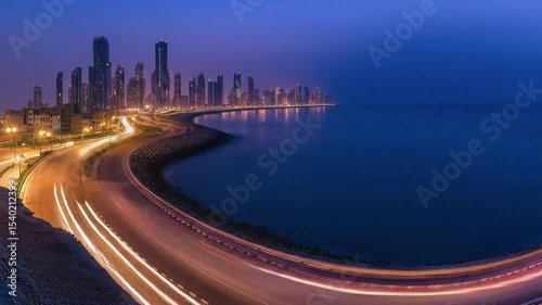 Serene view of city coastal highway at blue hour