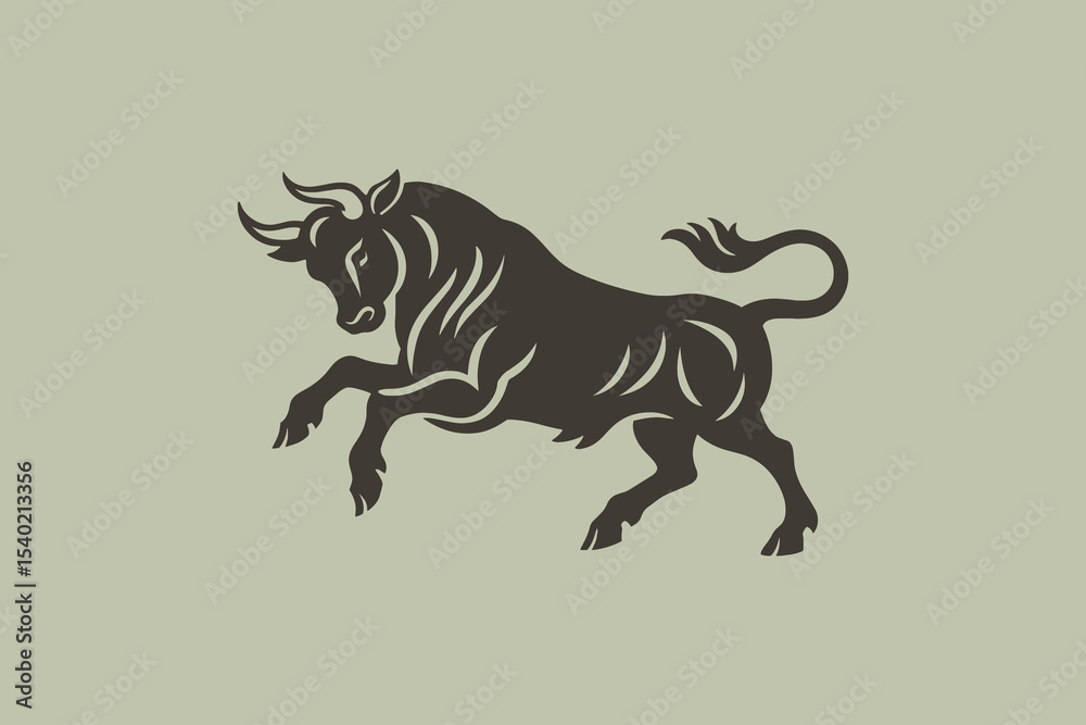 Fototapeta premium Jumping bull attack pose engraving style vector illustration, logo, icon