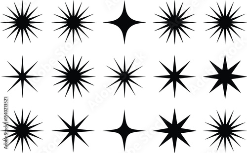 Arrangement of fifteen black starburst shapes on a white background in a three row by five column grid