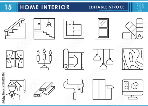 A set of line icons related to Home Interior. Home, architecture, inside, designs, decorations, furniture, and so on. Vector editable stroke.