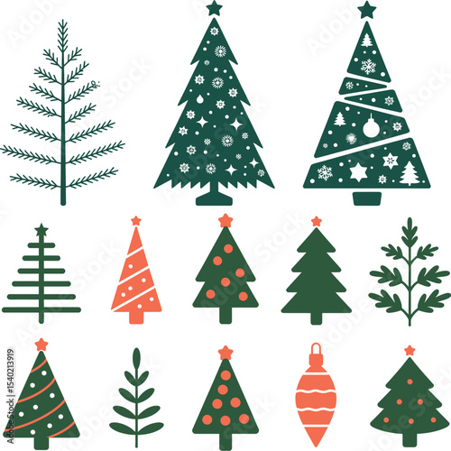 Three stylized christmas trees in green with stars and snowflakes on a white background isolated image
