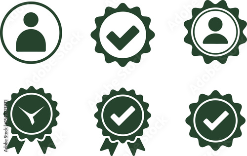 A collection of six dark green icons including user profiles and checkmarks on a white background