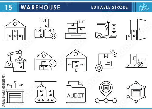 A set of line icons related to Warehouse. Package, deliver, store, chain, linkage, audit, manage, and so on. Vector editable stroke.