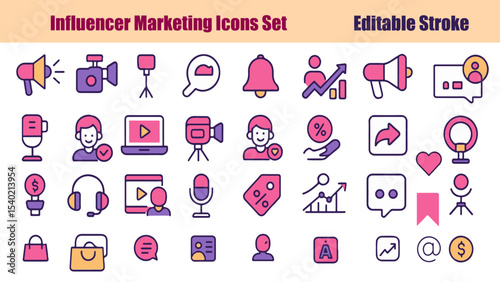 Influencer Marketing Icons Set with Editable Stroke – 35 Outine Vector Design Vector Design for Social Media Engagement, Content Creation, Live Streaming, Camera, and Digital Branding Assets