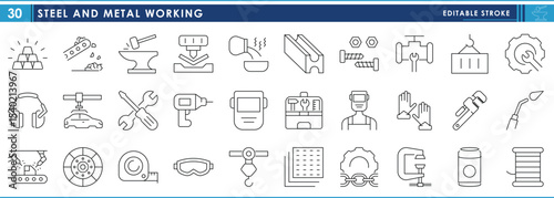 A set of line icons related to Steel and Metal working. Steel, metal, craft, welding, repair, tools, and so on. Vector editable stroke.