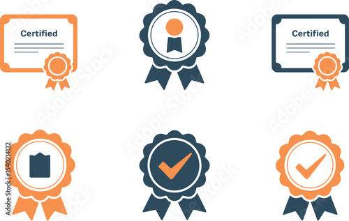 Illustrated collection of certified document and seal icons on a plain white background design layout