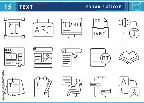 A set of line icons related to Text. Text, speech, write, fonts, editing, translation, and so on. Vector editable stroke.