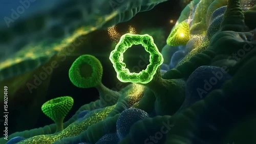 molecular view inside a chloroplast. A single glowing photon from the sun travels through space and strikes a green chlorophyll molecule, triggering a burst of golden light. The chlorophyll vibrates.