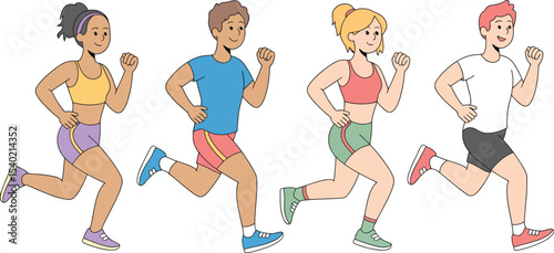 Cartoon illustration of four people jogging in sportswear with different skin and hair colors