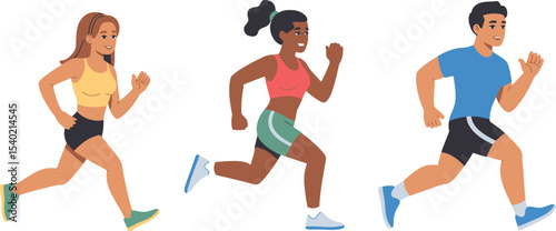 Three diverse cartoon people running in athletic wear on a white background in a vector illustration