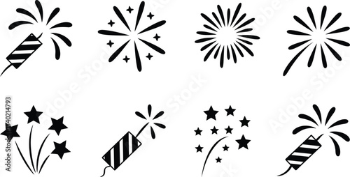 Collection of eight black and white vector illustrations of fireworks and firecrackers on a white background