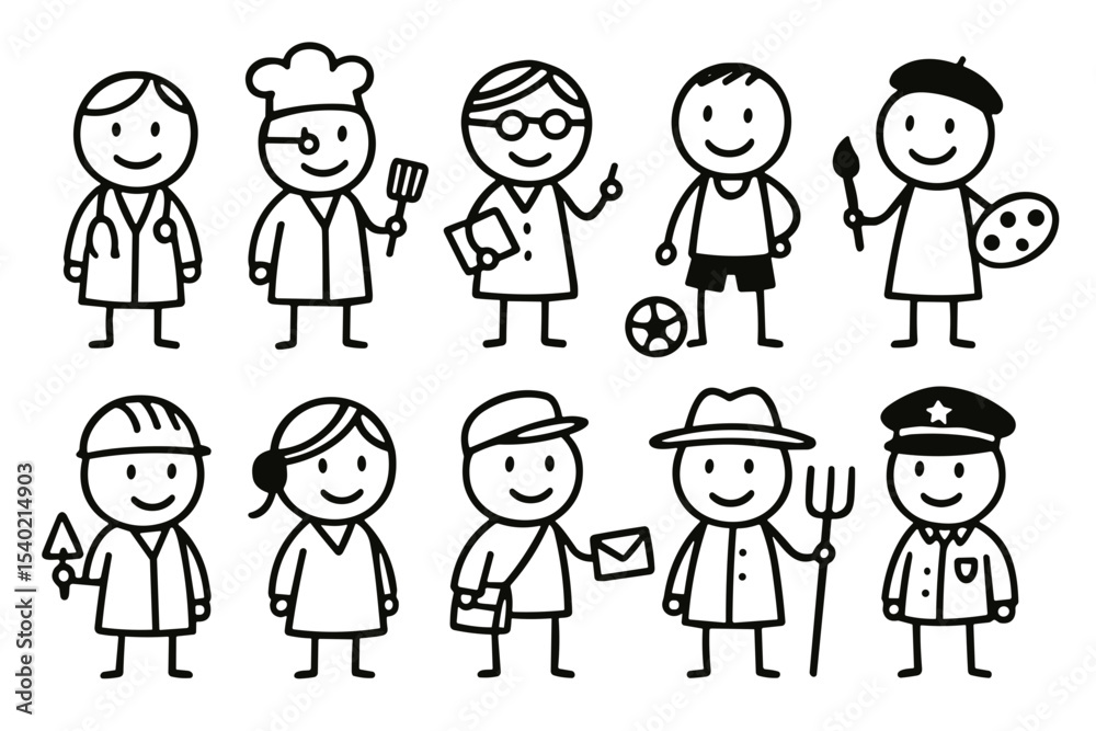 Figuras de palito de diferentes profissões em estilo infantil ingênuo, ilustração vetorial com fundo transparente

