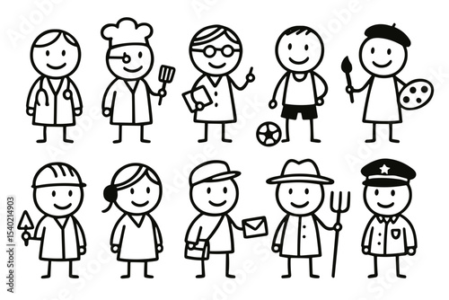 Figuras de palito de diferentes profissões em estilo infantil ingênuo, ilustração vetorial com fundo transparente

