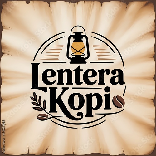 Lentera Kopi Coffee Shop Logo Design featuring a vintage lantern coffee beans and wheat design on a parchment background perfect for branding and marketing