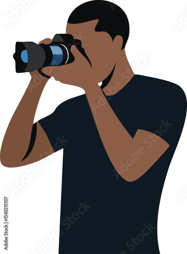 Silhouette of a men photographer taking a photo with a camera on a white background