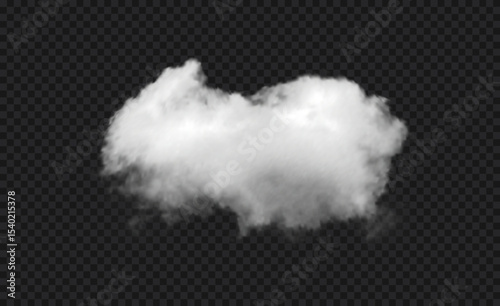 Realistic white vector cloud isolated on black transparent sky background. Soft, fluffy cloud texture with natural appearance, fog wave cloudy perfect for weather element, mockup or foggy background.