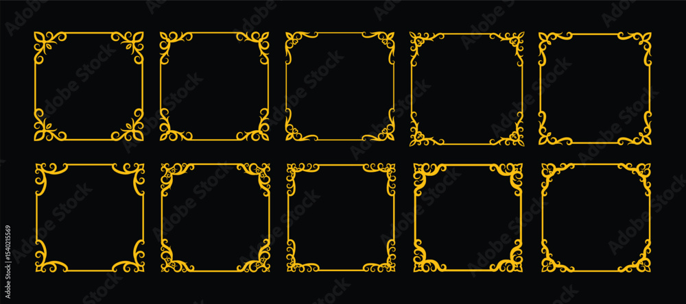 Naklejka premium Ten set ornate gold square frames or border on a black background, suitable for luxury design projects, invitations, or elegant themed creative layouts.