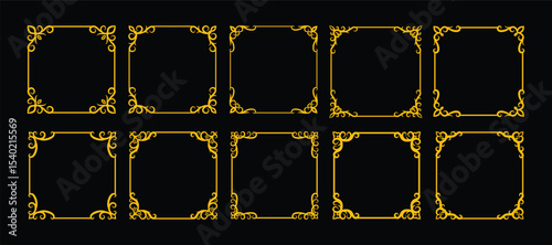 Ten set ornate gold square frames or border on a black background, suitable for luxury design projects, invitations, or elegant themed creative layouts.