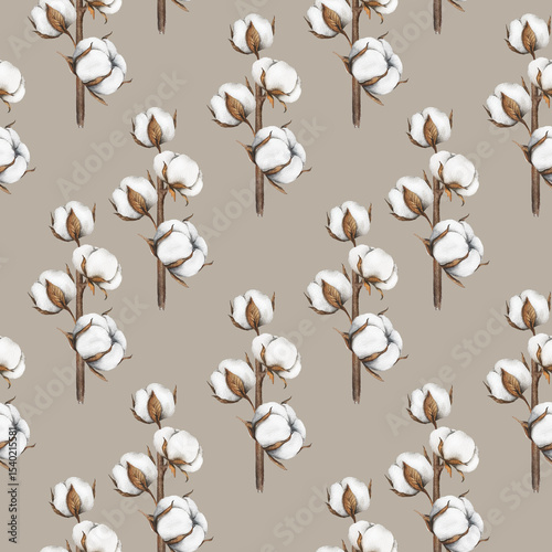 Cotton Plants Seamless Background. Botanical Background with   cotton balls. Floral Watercolor Illustration. Hand painted watercolor cotton branches. 
Watercolor cotton flowers seamless print