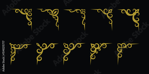 Ten set ornate gold corner designs perfect for elegant invitations, certificates, or luxurious branding projects adding a touch of opulence.