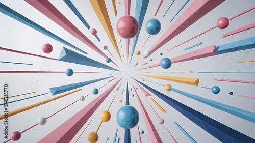 Abstract 3D Render of Colorful Geometric Shapes and Lines Radiating from a Central Point Creating a Dynamic and Energetic Composition