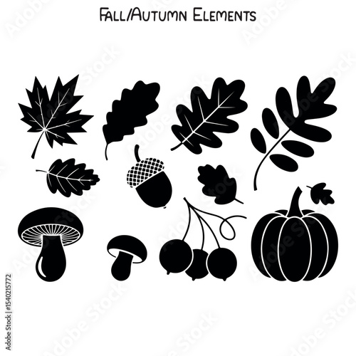 Black Autumn Silhouette Set, Fall Vector Set, Autumn Silhouette Icons, Autumn Bundle Silhouette Illustration on a White Background