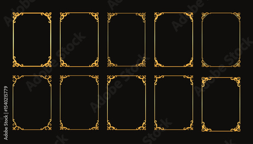 Ten set ornate gold rectangular frames on a black background size A4. Perfect for luxury invitations, event posters, page bordes, or elegant branding materials.