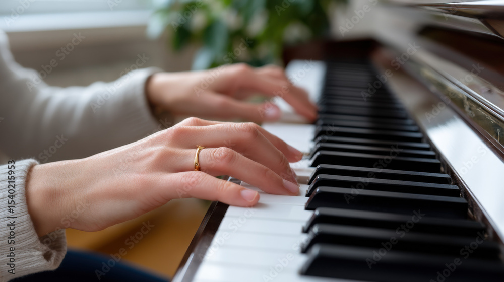 Obraz premium Close-up of hands playing piano keys at home, soft natural light, concept of musical talent and personal expression 