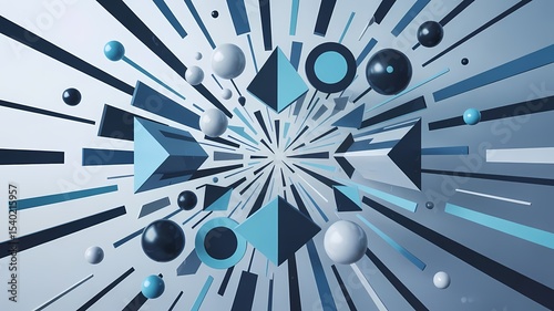 Abstract 3D Geometric Shapes Background with Blue and Black Spheres and Triangles creating a Dynamic Tunnel Effect