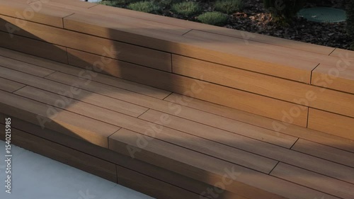 Outdoor seating area with beautiful wooden terrace designed for comfort. Modern outdoor terrace with stylish stairs. Design with landscaped garden.