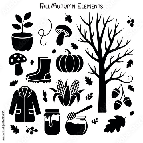 Black Autumn Silhouette Set, Fall Vector Set, Autumn Silhouette Icons, Autumn Bundle Silhouette Illustration on a White Background