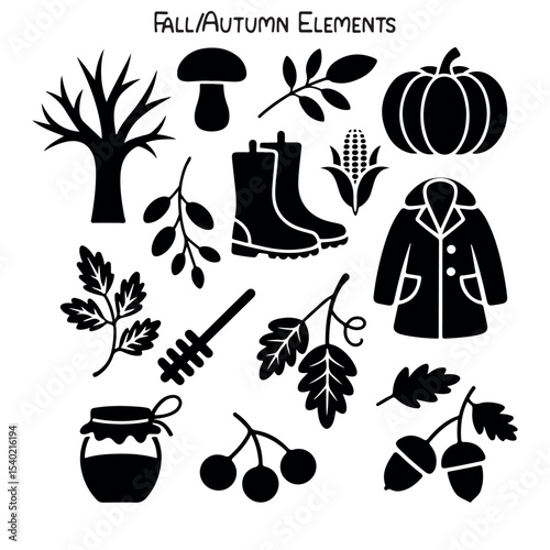Black Autumn Silhouette Set, Fall Vector Set, Autumn Silhouette Icons, Autumn Bundle Silhouette Illustration on a White Background